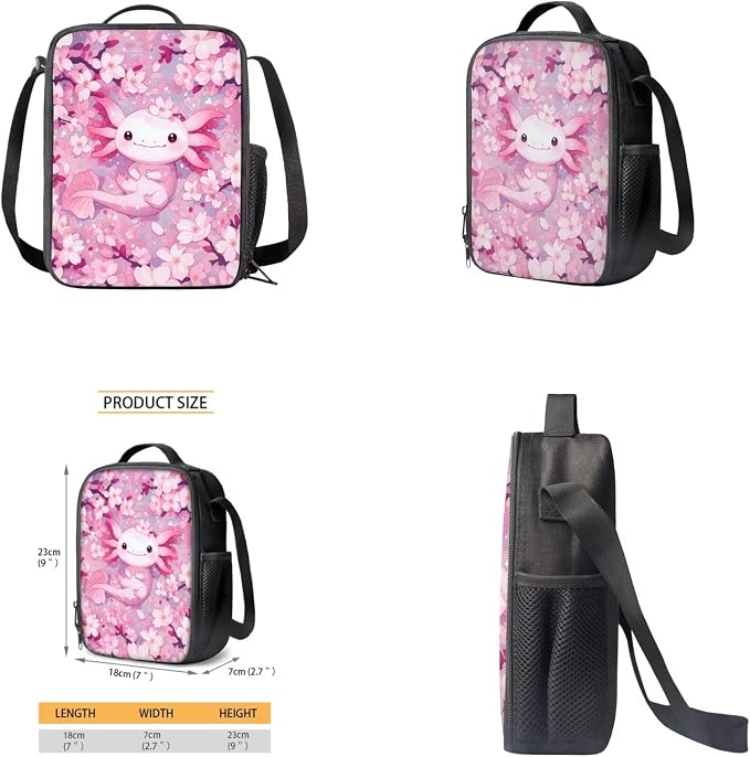 Cherry Blossom Axolotl Backpack for Girls Kids Backpack with Lunch Box Water Bottle Holder with Strap and Cute Pencil Case 4PCS Set Bookbag with Front Pocket for School 17 inch School Bag - Image 4