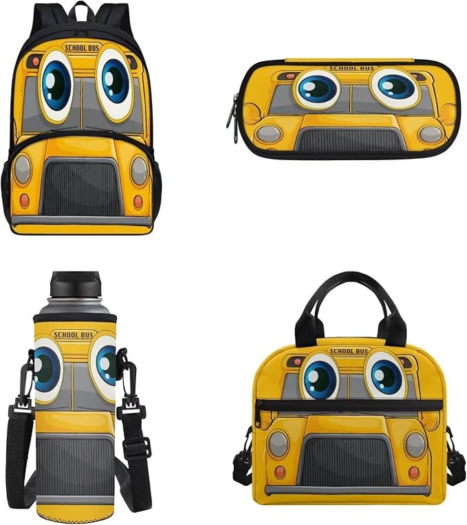 4 Pcs School Bus Schoolbag With Lunch Box Pencil Case Water Bottle Holder Pouch for Boy 6-8,Preschool Children School Backpack Elementary School Bookbag Casual Daypack - Image 5