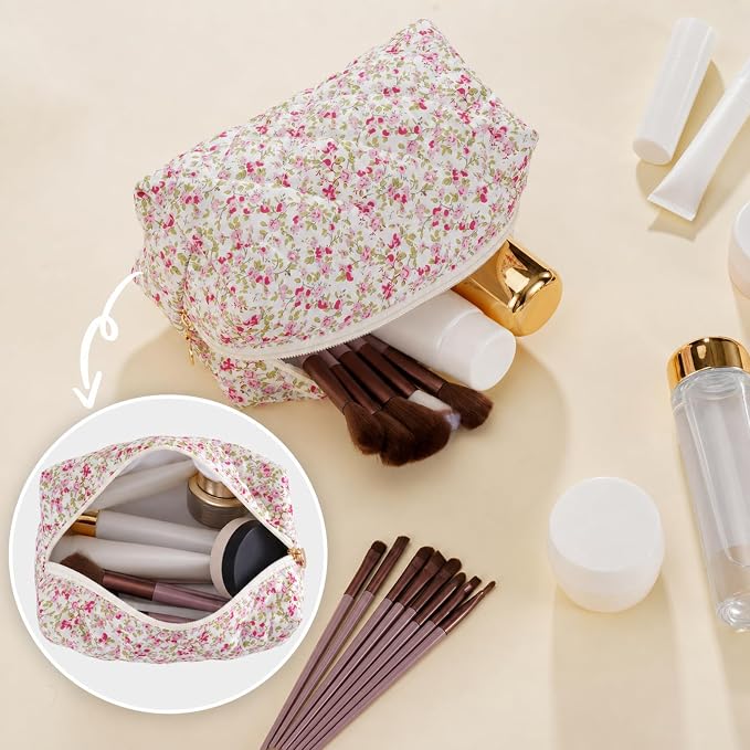 Makeup Bag Travel Toiletry Bag for Women, Small Floral Cosmetic Bags Cute Quilted Cotton Makeup Pouch for Purse Emergency Bag Pencil Case Accessory Bag, Spring - Image 5