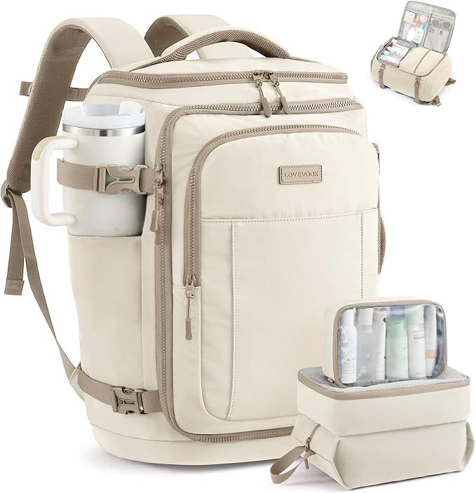 LOVEVOOK Travel Backpack for Women & Men, 40L TSA Approved Carry On Backpack with 3 Packing Cubes, Waterproof Weekender Overnight Bag for 2-4 Day Trips, Business & Travel Essentials, Khaki-Beige by LOVEVOOK