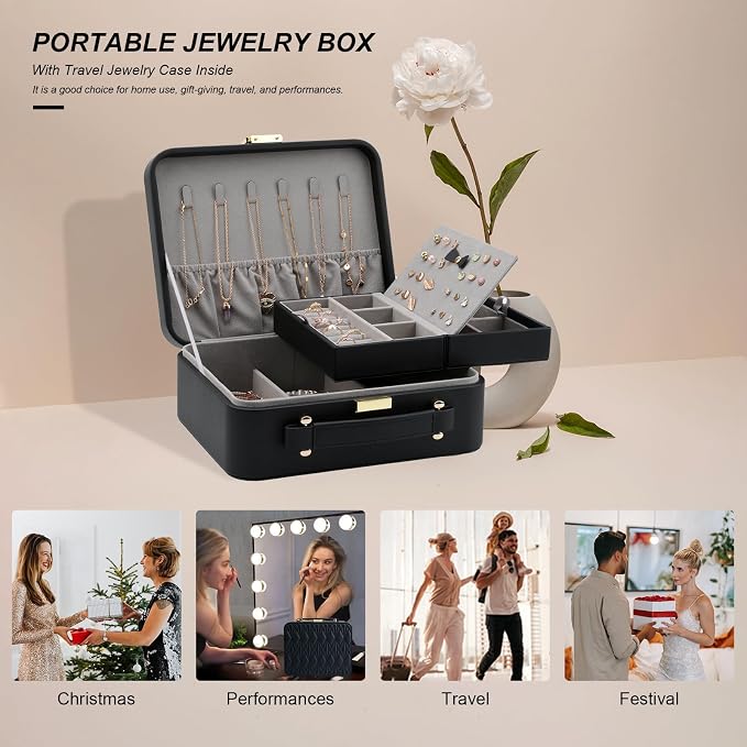 Large Jewelry Travel Organizer, 2 Layers Jewelry Box with Tray Black - Image 8