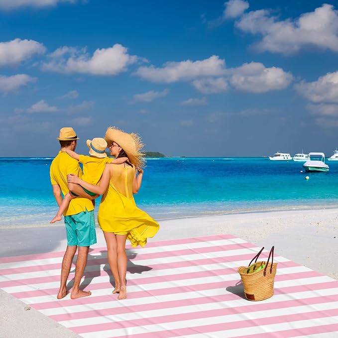 Pink Stripe Beach Blanket Sandproof Waterproof, Extra Large 78''×86'' Beach Mat for 1-4 Adults with Stakes and Sand Pocket, Compact Lightweight Sand Free Picnic Mat Beach Essential - Image 3