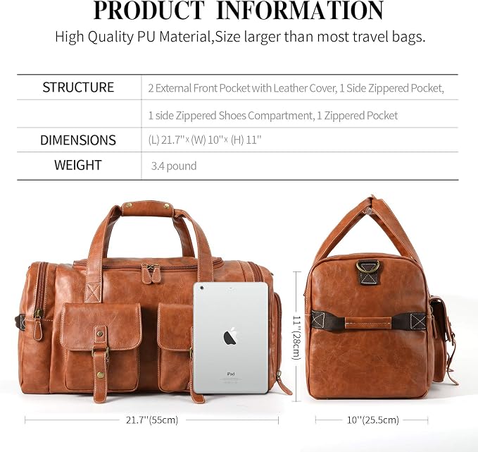 Zeroway PU Leather Travel Duffel Bag with Shoe Pouch Large Carry on Bag Waterproof Weekender Overnight Bag for Men Women Brown - Image 4
