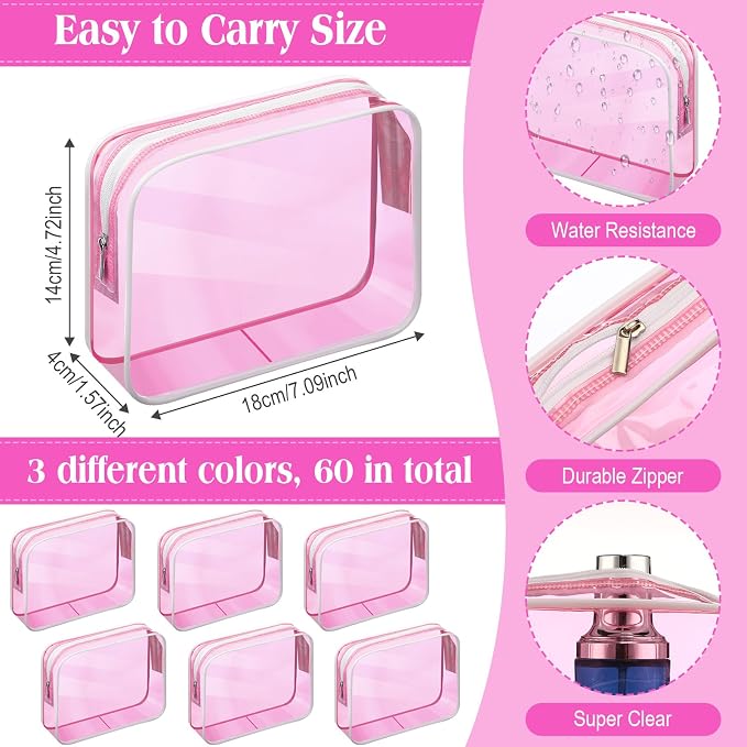 60 Pcs Clear Makeup Bags Bulk Travel Toiletry Bag 7 x 5.5 x 1.6 Inch PVC Zipper Pouch Waterproof Plastic Cosmetic Case Portable Organizer for Women Summer Bathroom (Fluorescent Pink) - Image 3