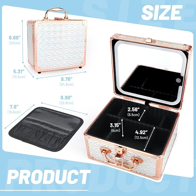 Makeup Case with LED Mirror, Portable Lockable Vanity Case, Travel Makeup Train Box for Women, Cosmetic Organizer, Detachable 3-Color Lighted Mirror, Adjustable Dividers, Brush Holder - Image 2