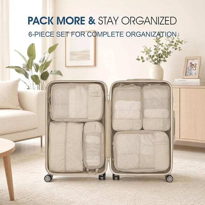 Compression Packing Cubes for Travel - Double Zipper Luggage Organizer Bags for Suitcases (6-Pack, Beige) - Image 8