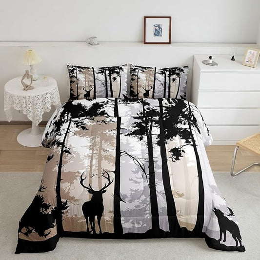 Erosebridal Rustic Deer Comforter Sets for Kids Boys Girls,Vintage Elk Antlers Duvet Insert Full,Watercolor Trees Landscape Bedding Set,Woodland Animal Wolf Moose Quilt Comforter with 2 Pillowcases by Erosebridal
