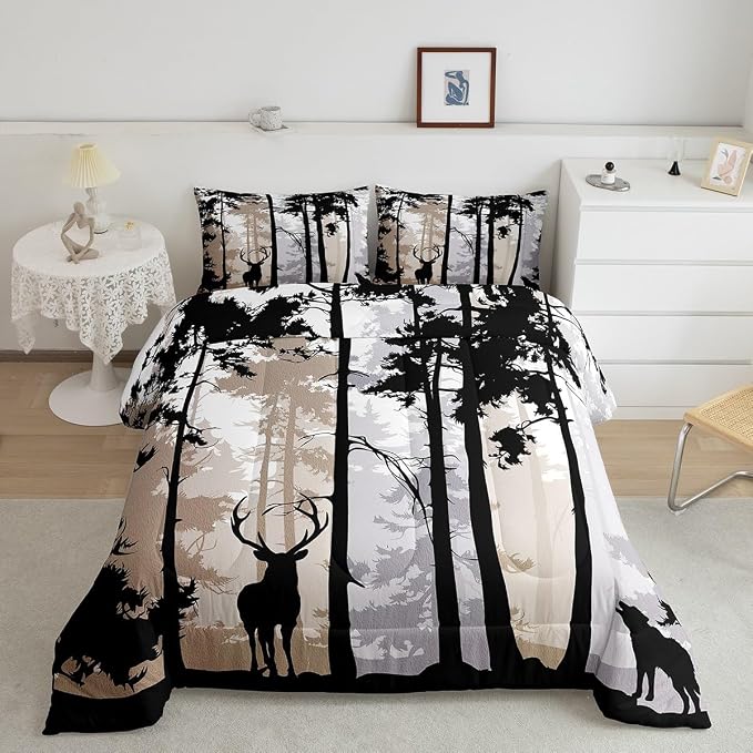 Erosebridal Rustic Deer Comforter Sets for Kids Boys Girls,Vintage Elk Antlers Duvet Insert Twin,Watercolor Trees Landscape Bedding Set,Woodland Animal Wolf Moose Quilt Comforter with 1 Pillowcase by Erosebridal