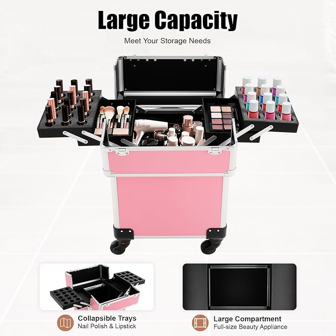Makeup Train Case, Large Cosmetic Trolley with Locks, Aluminum Alloy Beauty Train Case Organizer, Pink - Image 3