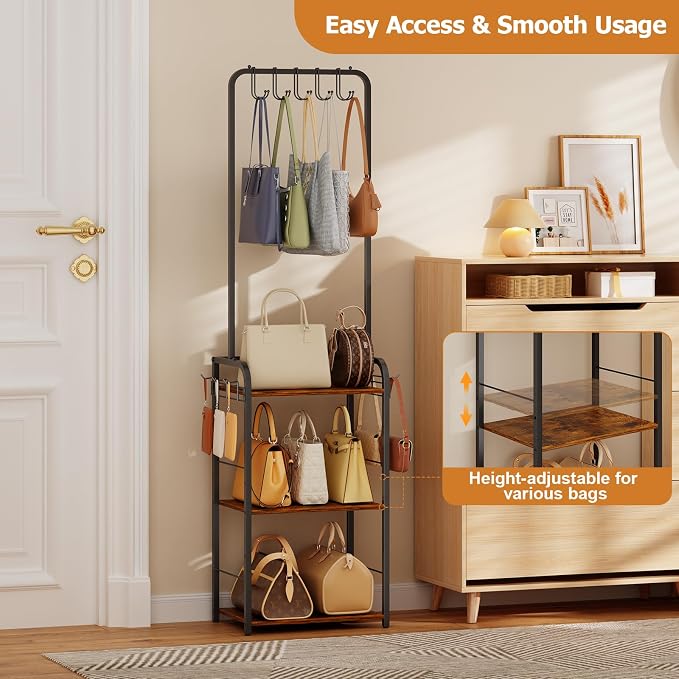 Floor-Standing Purse Organizer for Closet with 5 Hangers & 6 Side Hooks, Tall Purse Rack Stand for Purse Storage, High-Capacity Handbag Organizer, Multi-Purpose Purse Storage Organizer for Small Place - Image 6