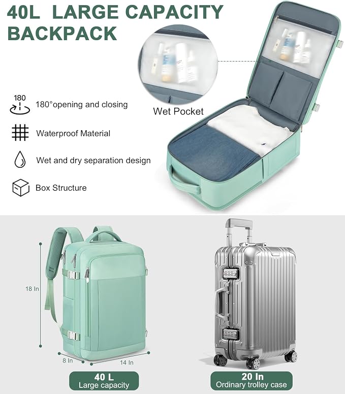 RDTGO Travel Backpack For Women,Personal Item Travel Bag Fits 17" Laptop,Flight Approved Carry-On Backpack, Hiking Backpack,Waterproof Outdoor College Casual Daypack (Green) - Image 2