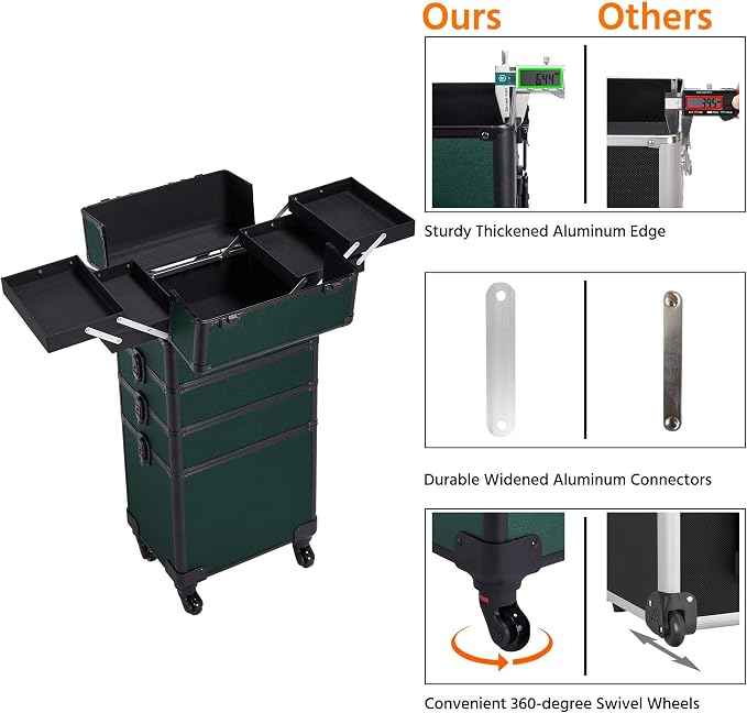 Yaheetech 4 in 1 Rolling Makeup Train Case, Lockable Green Cosmetology Cart | Aluminum-framed cosmetology trolley on swivel wheels, with stackable accordion trays keeping nail & makeup supplies organized - Image 6