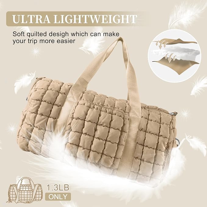 Quilted Travel Duffle Bag Gym Bag for Women,Large Puffer Duffle Weekender Bag with Compartment,Workout Overnight Carry on Organizer Bag Duffle Bag for Airplane Travel(Khaki) - Image 8