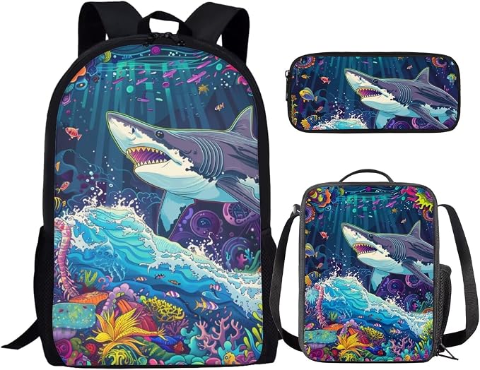 17 Inch Animal Print School Backpack And Lunch Box Set for Kids Lightweight Undersea Shark Backpack for Boys Girls Sturdy School Bag with Insulated Lunchbox Pencil Case Student Bookbag by Parprinty
