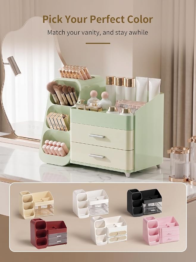 Booklov Makeup Organizer for Vanity and Bathroom Countertop, Green Cream | Plastic Cosmetic Display Case with Drawers, Beauty Brush Holder for Dresser Counter Skin Care Eyeshadow Lipstick Storage - Image 9