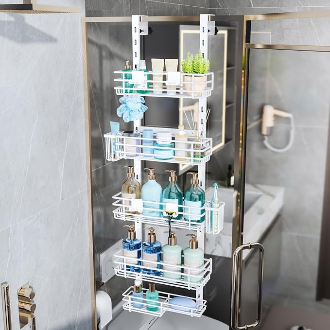 Consumest Over The Door Shower Caddy - 5 Tier Adjustable Shower Organizer Hanging with 2 Toothbrush Holders & 4 Hooks, Rustproof Organizer Shelf, Storage Rack for Bathroom, White - Image 4