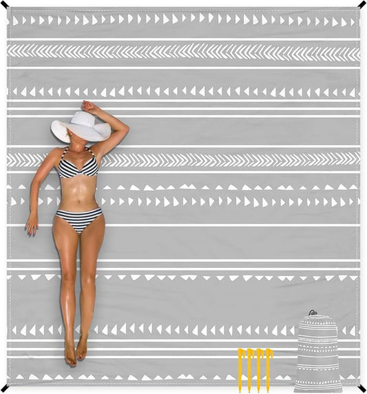 Extra Large 110''×118'' Beach Blanket for 8 Adults, Outdoor Beach Mat Sand Free Waterproof with 4 Stakes & 4 Corner Pockets, Polyester Lightweight Foldable Grey Picnic Mat for Travel, Camping, Hiking by BEW