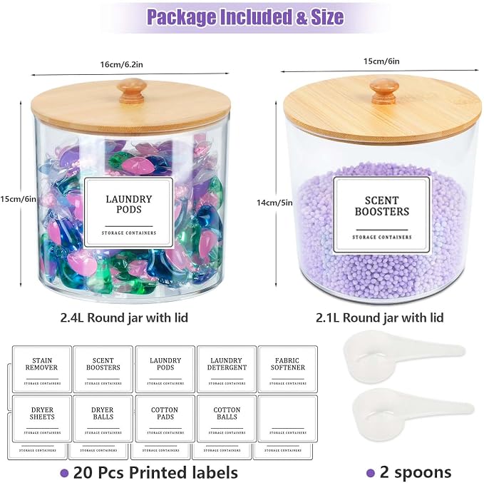 2 Pack Laundry Pods Container,Clear Laundry Room Organization Containers,Large Laundry Detergent Powder Storage Containers with Bamboo Lids & Labels for Scent Booster,Powder,Pods - Image 2
