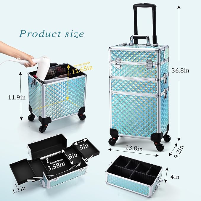 Faquenc 3 in 1 Rolling makeup case Cosmetology Case on Wheels Train Case Makeup Organizers Storage Cart Cosmetic Trolley Travel Barber Suitcase for Make up Artist Nail Tech Hair Lockable, Shiny Mint - Image 5