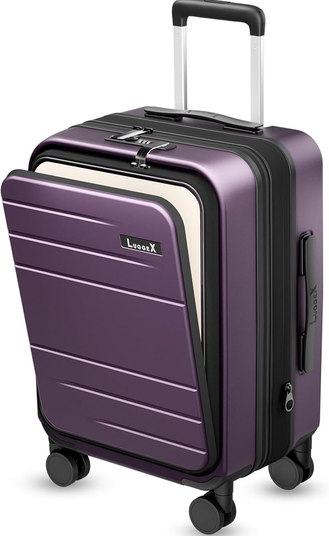 LUGGEX Carry On Luggage 22x14x9 Airline Approved, Expandable Polycarbonate Suitcase with Front Pocket (FX-Core, Purple, 20 Inch) by LUGGEXLUGGAGE