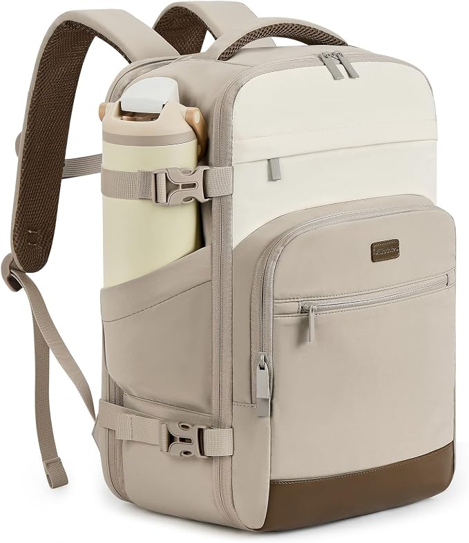 mibasies 30L Travel Backpack for Women & Men: Flight Approved Carry On Backpack, TSA Personal Item Bag with Water Bottle Pocket, Weekender Essentials Backpacks fits 15.6" Laptop - Khaki Ivory by mibasies