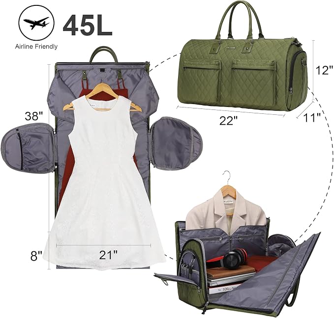 Womens Convertible Garment Bags for Travel, Modoker Waterproof Carry On Garment Bag Garment Duffel Bag - 2 in 1 Hanging Suitcase Suit Travel Luggage Bag, Green - Image 2