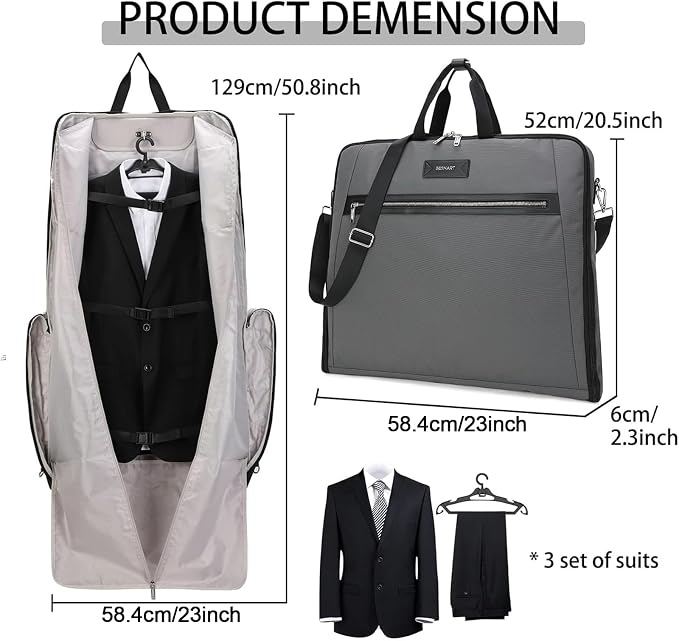 BESMART Garment Bags for Travel, 51" Large Suit Bag for Business Trips | Waterproof,Hangs 3 Suits,Foldable,Wrinkle Free Spacious Luggage Suit Cover,Adjustable Strap,Carry On Flight Approved,Grey - Image 5