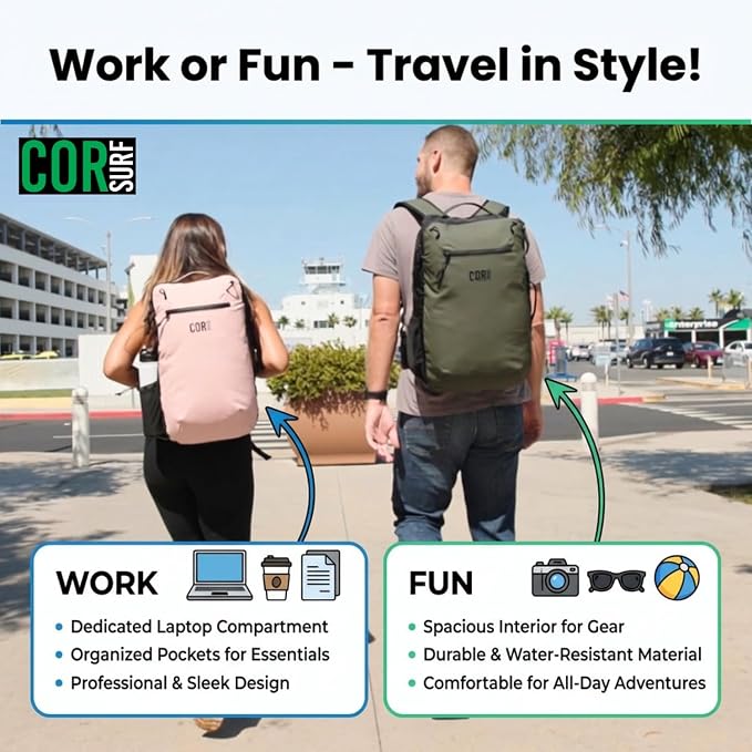 COR Surf Island Hopper Travel Backpack, 40L Green, Personal Item Carry On | Carry On Backpack for Men & Women, Clamshell Opening, Hidden Passport Pockets, Water Resistant, Laptop Sleeve, YKK - Image 5