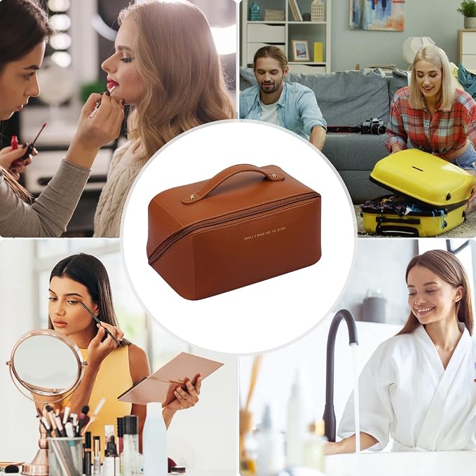 CORIOS Toiletry Bag For Women Portable Make Up Bag Waterproof Wash Bag PU Leather Cosmetic Bag Bathroom Shower Bag Multifunctional Travel Organizer For Shampoo, Cosmetics, Toiletries Brown - Image 6