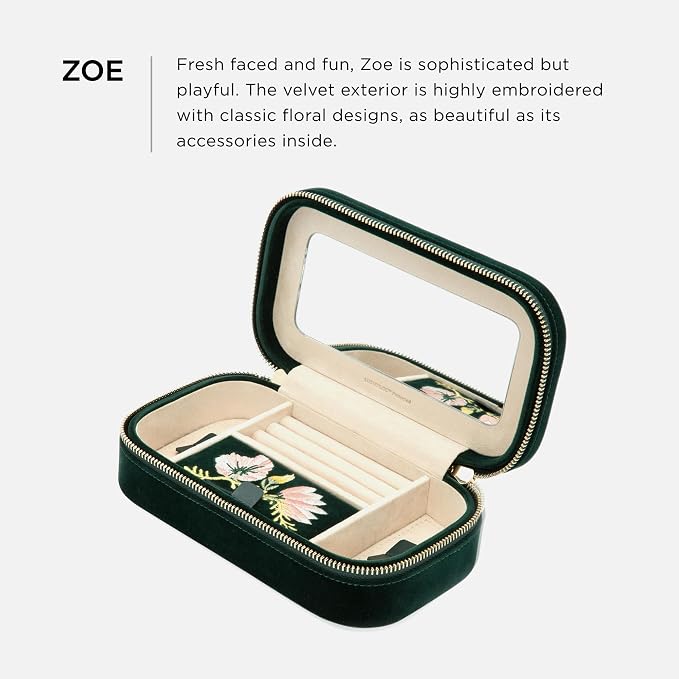 WOLF Zoe Travel Zip Case, Forest Green - Three Ring Rolls, Medium Compartment with Cover, Two Small Compartments & Mirror - Anti-Tarnish LusterLoc Lining - Image 2