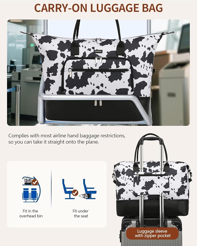 Weekender Bags for Women, Travel Duffle Bag Carry On Overnight Bag with Cosmetics Bag and Crossbody Purse for Gym Hospital, Gifts for Women, Cow Print Black - Image 6