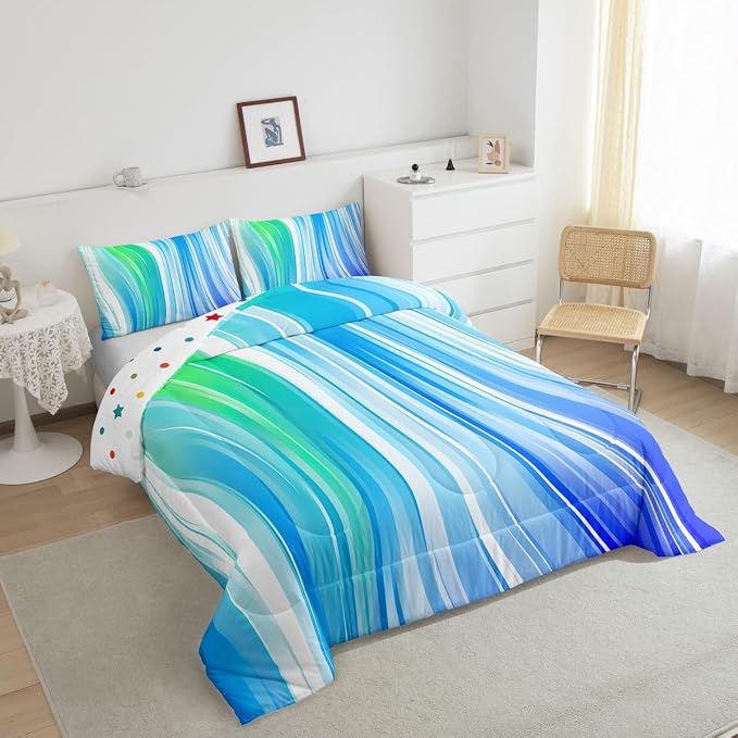 Rainbow Bedding Set Twin Size, Tie Dye Comforter Set For Kids Girls Women Adult Bedroom, Teal Blue Pastel Quilted Duvet Watercolor Geometric Stripes Down Comforter 2 Pieces With 1 Pillow Case - Image 5
