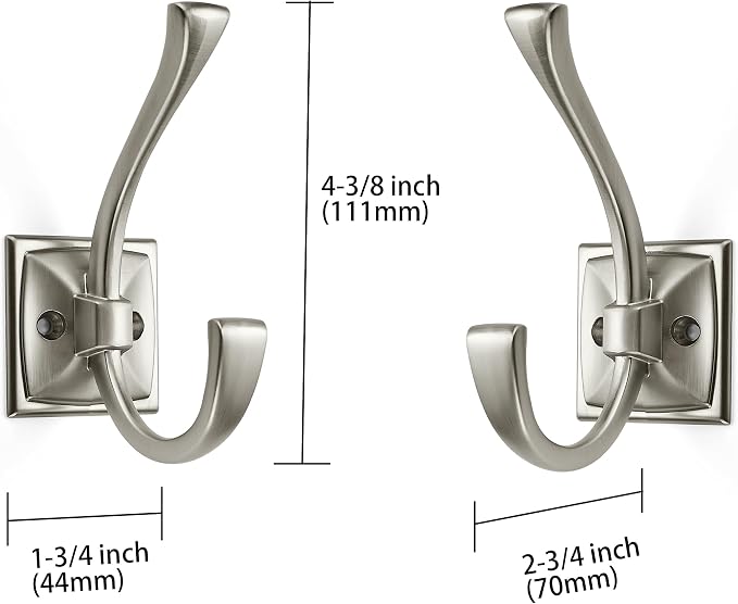 Large Wall Hooks 5 Pack Brushed Satin Nickel Coat Hooks Hardware Towel Hooks for Hanging Coats 4.35 Inch Double Robe Hooks Wall Mounted with Screws for Key, Towel, Bags, Cup, Hat - Image 2