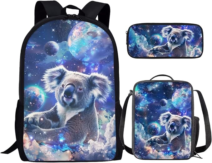 17 Inch Animal Print School Backpack And Lunch Box Set for Kids Lightweight Fantastic Galaxy Koala Backpack for Boys Girls School Bag with Insulated Lunchbox Pencil Case Student Bookbag by Parprinty