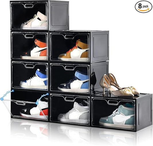 Amllas 8 Pack Shoe Boxes Black Plastic Stackable, Large Shoe Storage Organizer,Drop Side Front Shoe Containers for Entryway,Sneaker Storage Fit up to US Size 13 for Men/Women(13’’x 10.6”x 8.3”) by Amllas