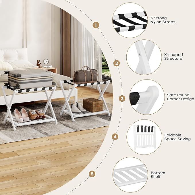 Luggage Rack for Guest Room - Set of 2 Full Assembled 26.77" L Luggage Rack Stand for Suitcases, Foldable Luggage Holder with Shoe Shelf for Bedroom, Hotel (White Bamboo Suitcase Stands) - Image 3