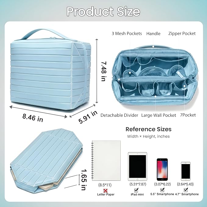 Fold Down Standing Makeup Bag – Large Travel Toiletry Organizer (Blue) | Parallel Design and Adjustable Dividers, Stands Upright or Folds Flat. Multiple Pockets Fit Full‑Size Cosmetics & Toiletries. - Image 7