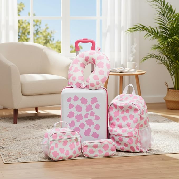 Redbaker 6 Pcs Kids Luggage Set, 17 Inch Rolling Suitcase with Backpack Lunch Bag Neck Pillow, Pink and White Cow Travel Set for Summer Vacation Sleepover Back to School Gift - Image 7