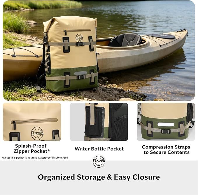 STOVER 30/40/55L Waterproof Dry Backpack & Phone Case - 2XL Floating Dry Bag for Kayaking, Travel, Hiking, Fishing, Camping, Motorcycles & Beach, Heavy-Duty Roll Top Men/Women (Tan/Army Green/Brown) - Image 5