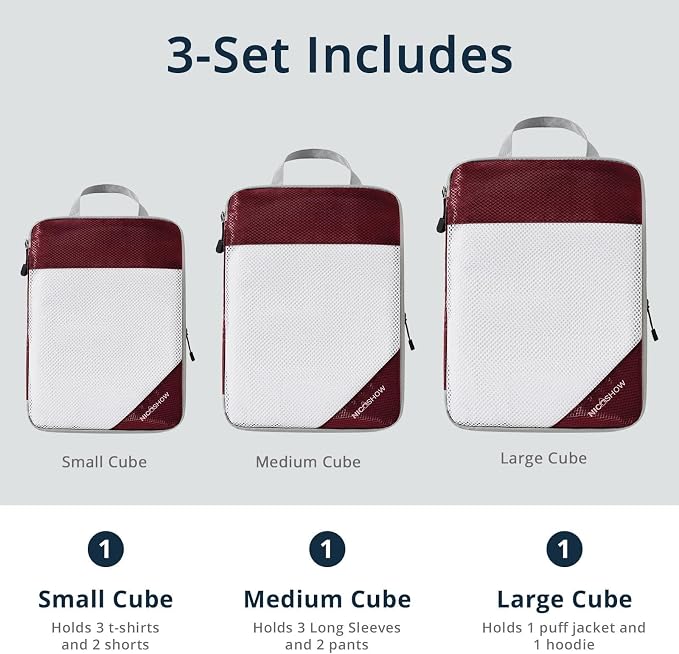 NICOSHOW 3 Set Compression Packing Cubes for Travel - Compressible, Lightweight, and Space-Saving Packing Cubes, Travel Essentials for Women, Wine - Image 3