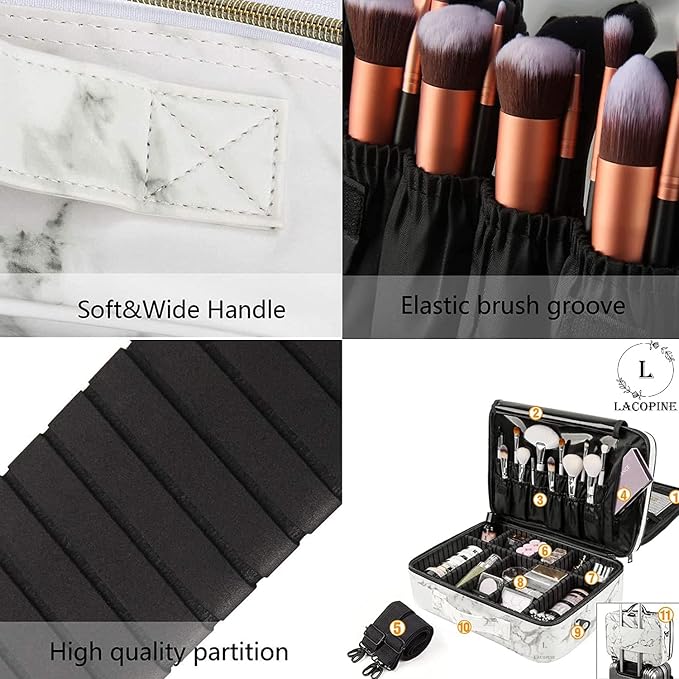 Large Makeup Organizer Bag Travel Train Case Portable Cosmetic Artist Storage Bag with Adjustable Dividers for Cosmetics Makeup Brushes, MARBLE PATTERN, 18 INCH (2 LAYER), Travel Accessories - Image 4