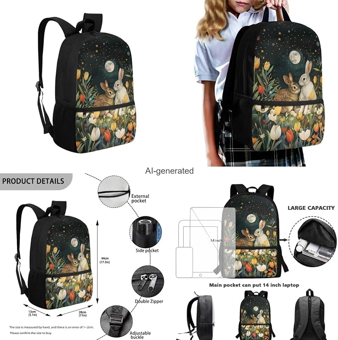 Bunny Backpack and Lunch Box for Girls Grades 3 to 8 Lightweight School Bag for Kids Foldable Insulated Lunch Bag for Elementary School High School - Image 3