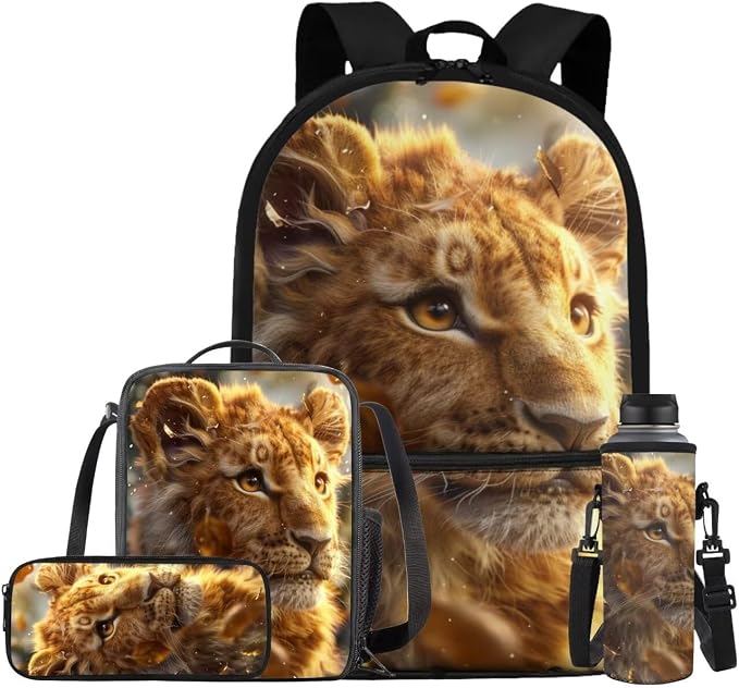 Lion Backpack for Kids Girls Backpack with Lunch Box Water Bottle Pouch and Big Pencil Pouch 4PCS Set Large Bookbag with Front Pocket 17 inch Large School Bag for Boys Kids Back to School Gift by ELEDIZI