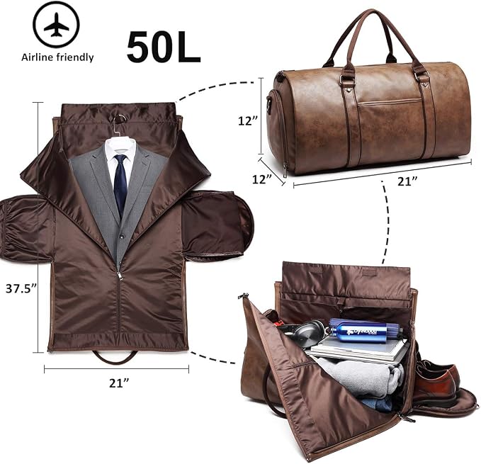 BOLOSTA Carry on Garment Bags for Travel Leather Garment Duffle Bag Convertible Mens Suit Travel Bags with Shoe Compartment,Waterproof,Perfect for Business Travel/Husband Gifts (Brown) - Image 2