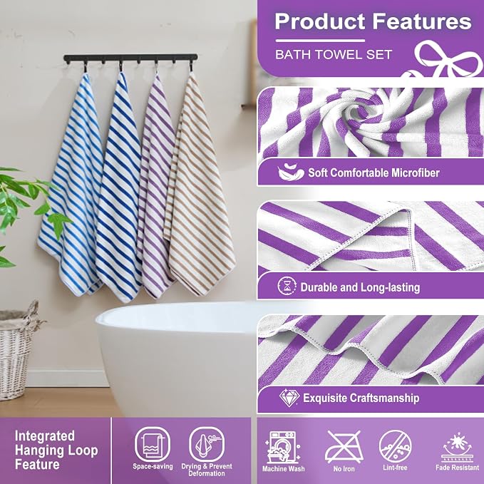 JML Microfiber Beach Towels, 6 Pack, 27" x 55", Large Bath Towel Set for Adult- Cabana Stripe - Absorbent, Quick Drying Lint-Free, No Fading for Summer Party, Pool, Sport, Yoga, Swimming, Purple - Image 3