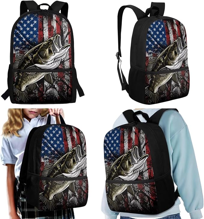 Bass Fishing American Flag Boys Backpack with Lunch Bag 4 Piece Set, Patriotic 4th of July Gift School Bag for Boys Ages 6-12, 17 Inch Durable Waterproof Elementary Bookbag - Image 2