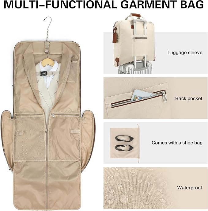 Travel Garment Bag Carry on Suit Bag for Women 51'' Waterproof Garment Bags Dress Bag for Travel Business Hanging Suitcase Luggage with Shoulder Strap Free shoes bag Fit 15.6'' Laptop, Beige - Image 5