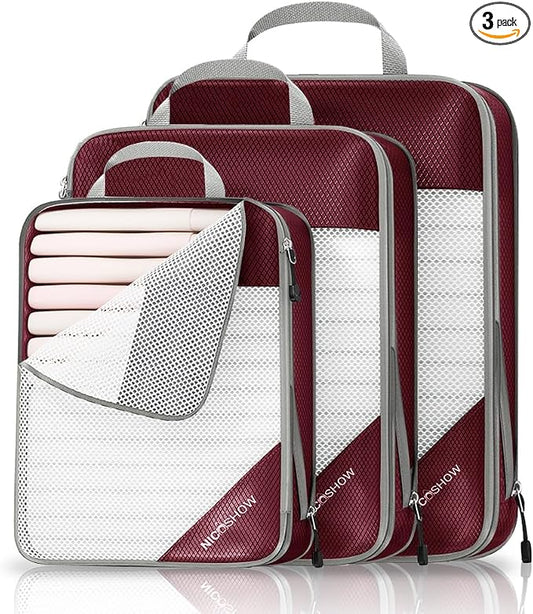 NICOSHOW 3 Set Compression Packing Cubes for Travel - Compressible, Lightweight, and Space-Saving Packing Cubes, Travel Essentials for Women, Wine by NICOSHOW