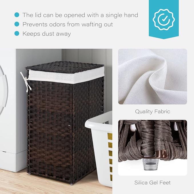 Paylesshere Laundry Hamper Handwoven Laundry Basket 90L/110L Foldable Rattan Laundry Hamper With Lid,2 Removable Liner Bags & 6 Laundry Bags,Clothes Hamper for Bathroom, Brown - Image 5