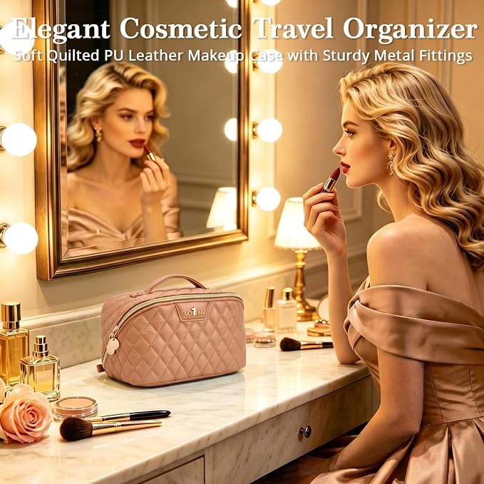 Travel Makeup Bags Cosmetic Organizer: 3Pcs Set Puffy Make up Bag for Women | Apricot Premium Quilted ELEGANCE Design | Large Capacity Leather Toiletry Bags | Wide Open Compact Case for Travel Essentials - Image 3